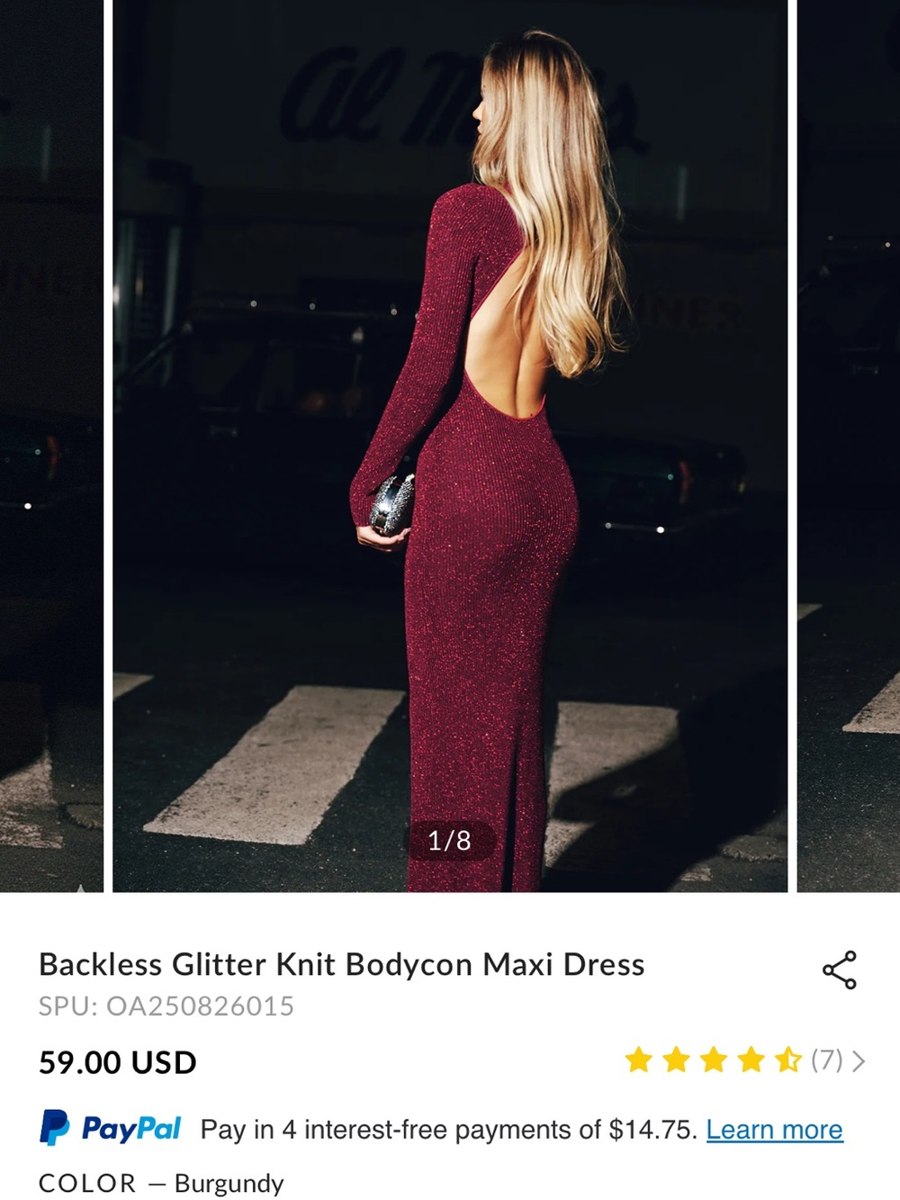 NWT COMMENSE Backless Glitter Knit Bodycon Maxi Dress — Burgundy
